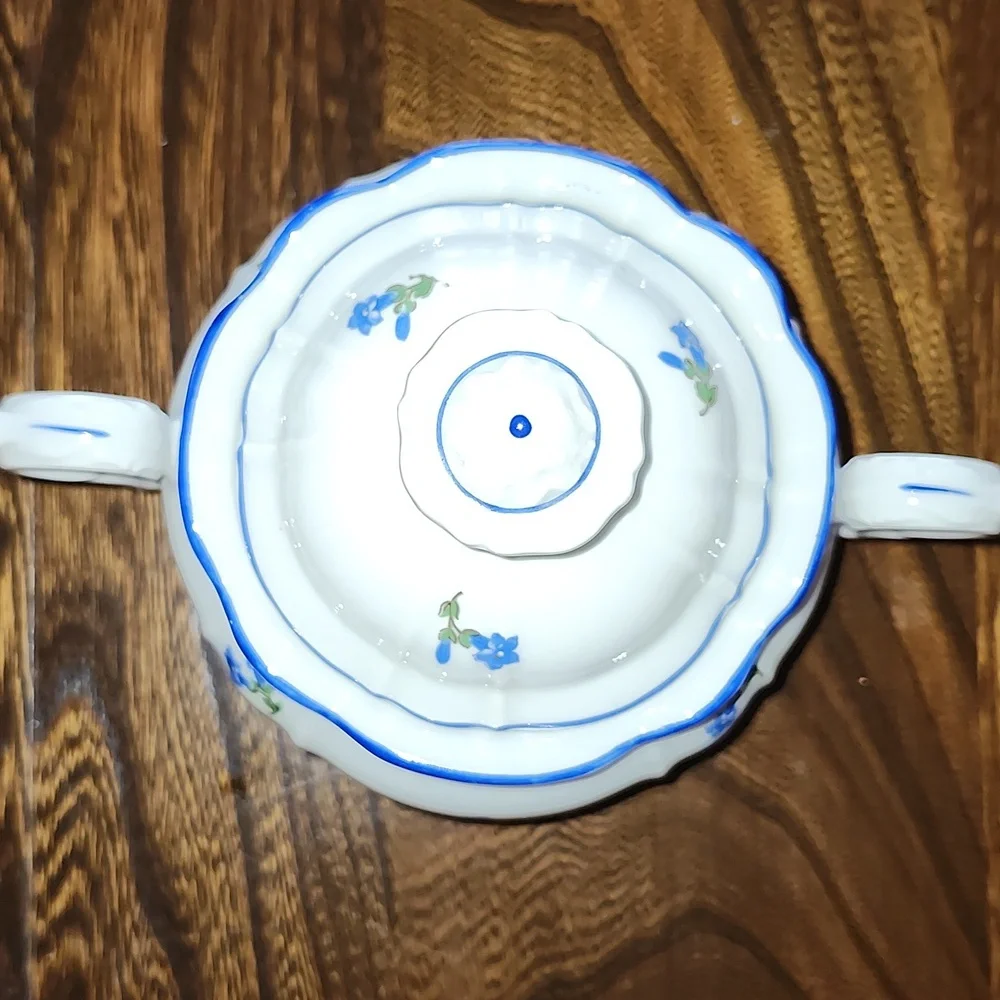 MZ CZECHOSLOVAKIA Floral White and Blue Ceramic Sugar Bowl